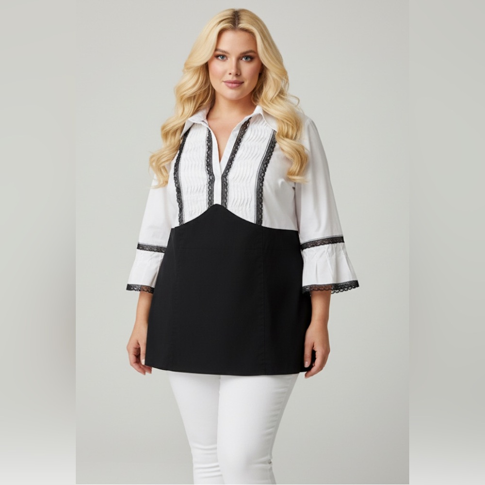 Lane Bryant Dressy Tuxedo Lace Babydoll Tunic Top Black White Size 14/16